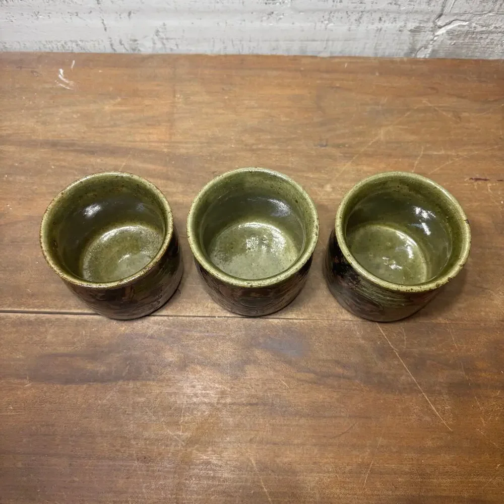 Vintage OMC Japan Green Stoneware Sake Cups Set of 3